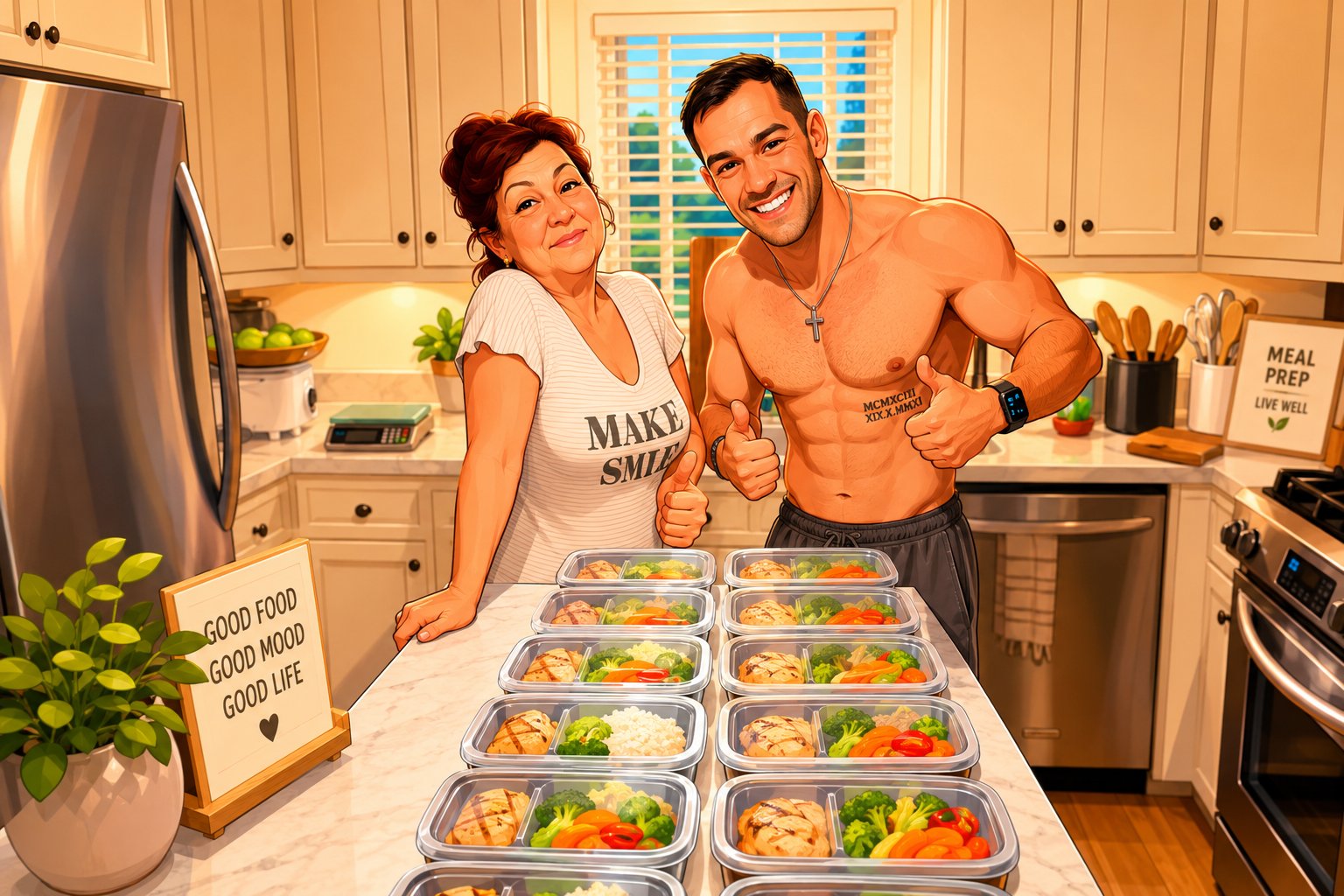 Mom and the team behind the counter with a spread of fresh, ready-to-eat meal-prep containers